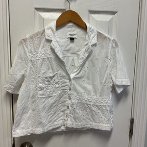 American Eagle SZ M White Cropped Eyelet Crochet Button Down Top Boho Cottagecor